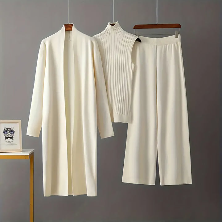 Damen 3 Teiliges Strickset Cardigan Top Hose | Komfort Lounge Set