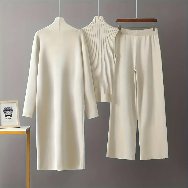 Damen 3 Teiliges Strickset Cardigan Top Hose | Komfort Lounge Set