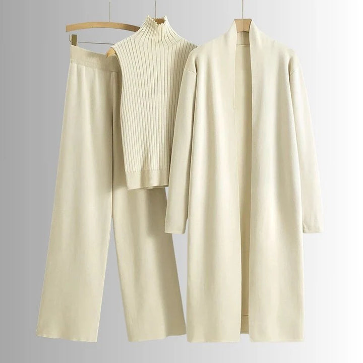 Damen 3 Teiliges Strickset Cardigan Top Hose | Komfort Lounge Set