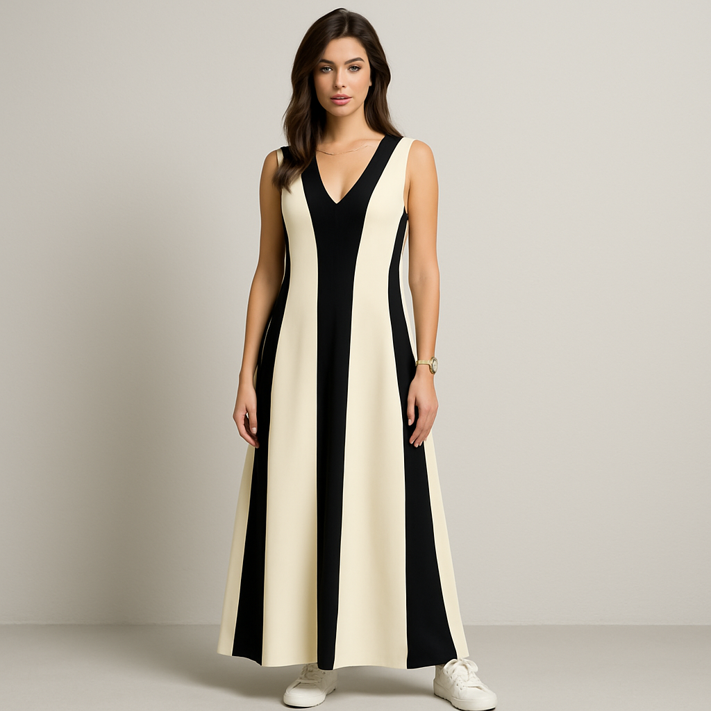 Damen Ärmelloses Maxikleid | Kontrast V-Ausschnitt