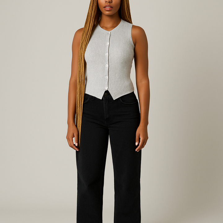 Damen Ärmelloses Rippstricktop | Knopfleiste