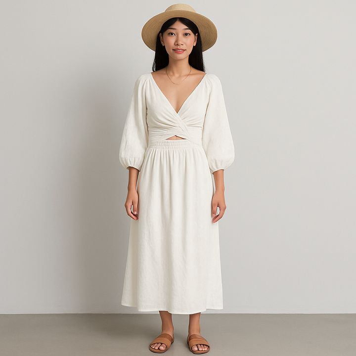 Damen Ausgeschnittenes Midikleid | Langarm Gerafft