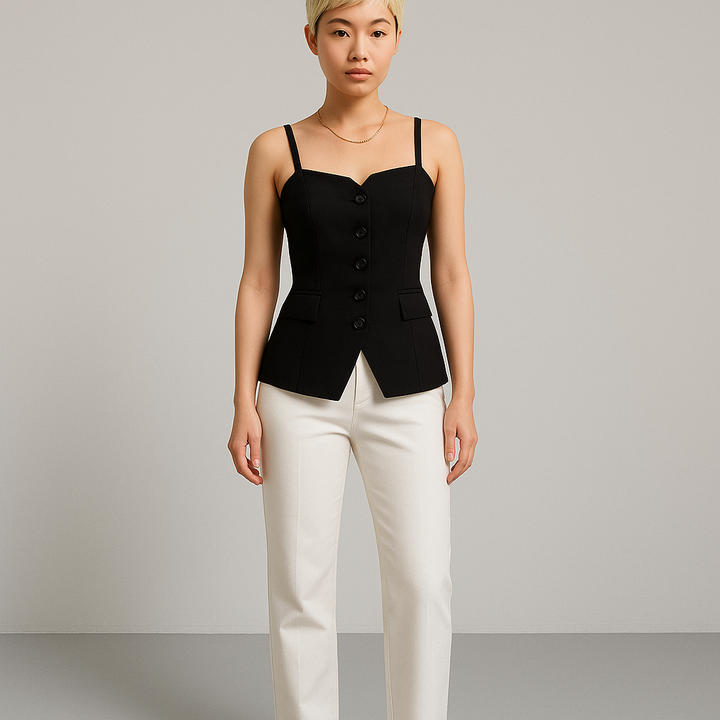Damen Tailliertes Top | Knopfdetails