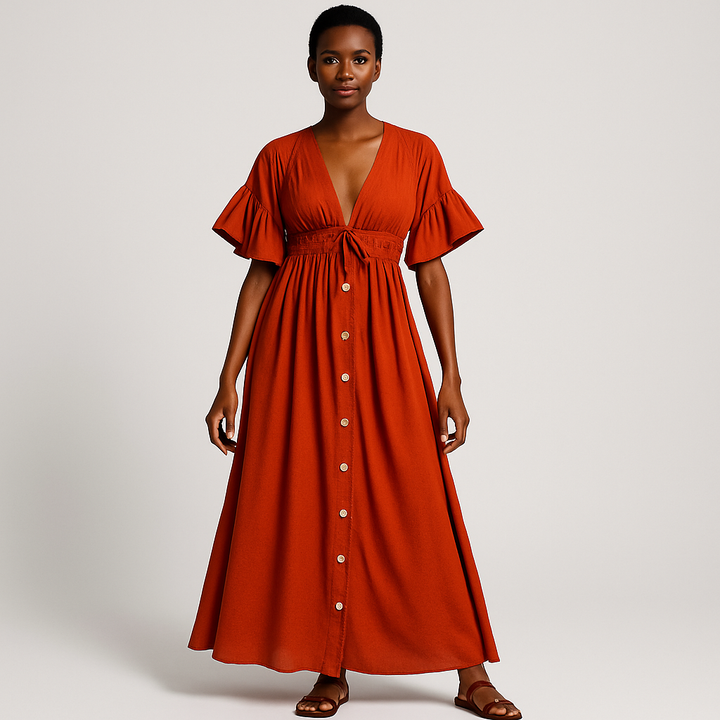 Damen Tailliertes Maxikleid | Knopfleiste Kurzarm