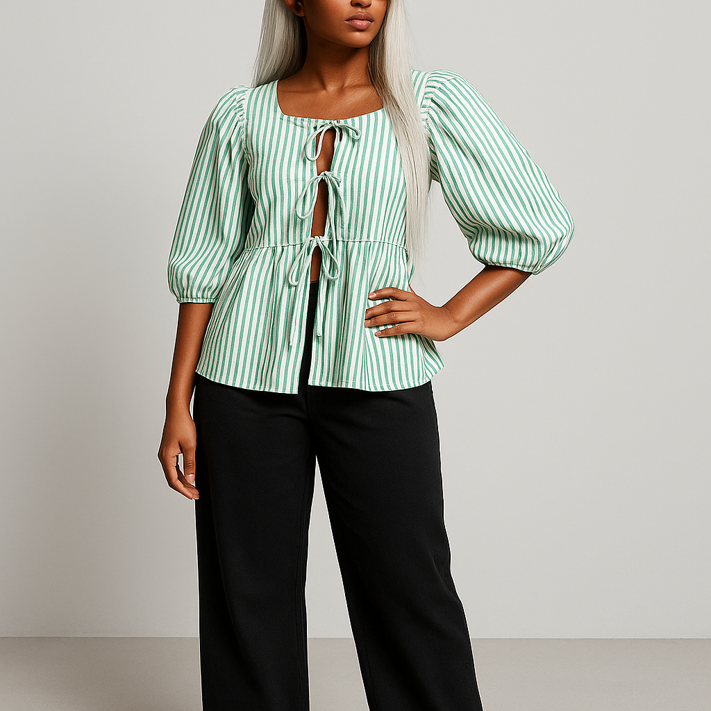 Damen Bluse mit Puffärmeln | Bindeband Detail
