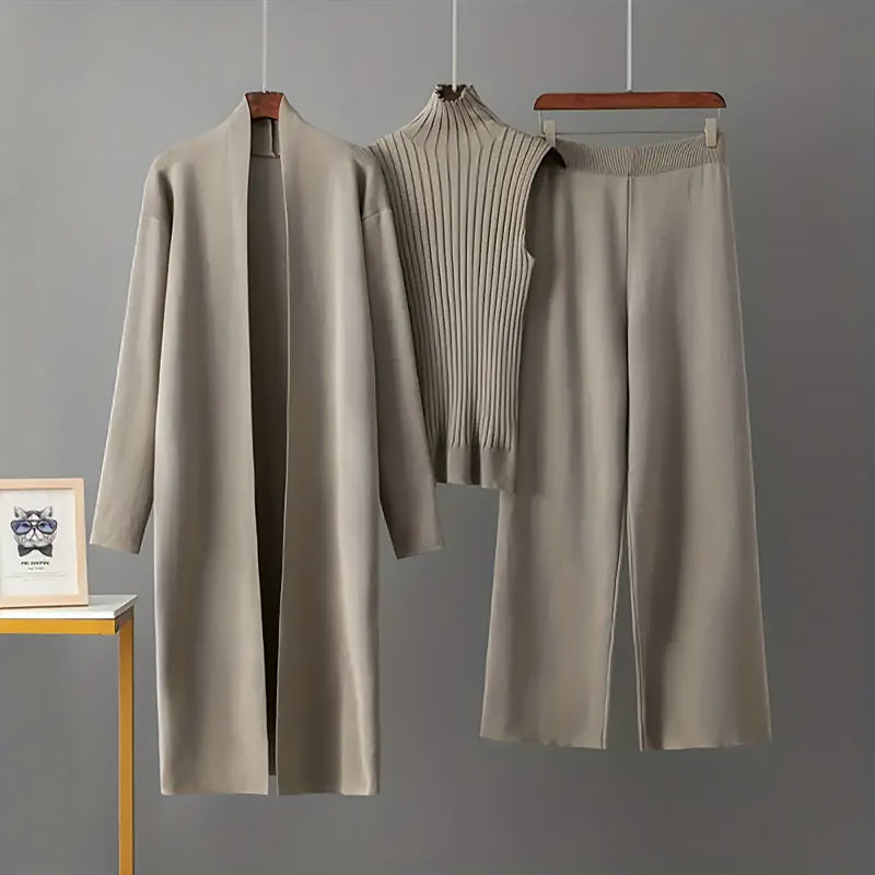 Damen 3 Teiliges Strickset Cardigan Top Hose | Komfort Lounge Set