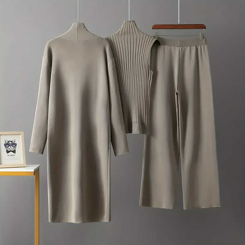 Damen 3 Teiliges Strickset Cardigan Top Hose | Komfort Lounge Set