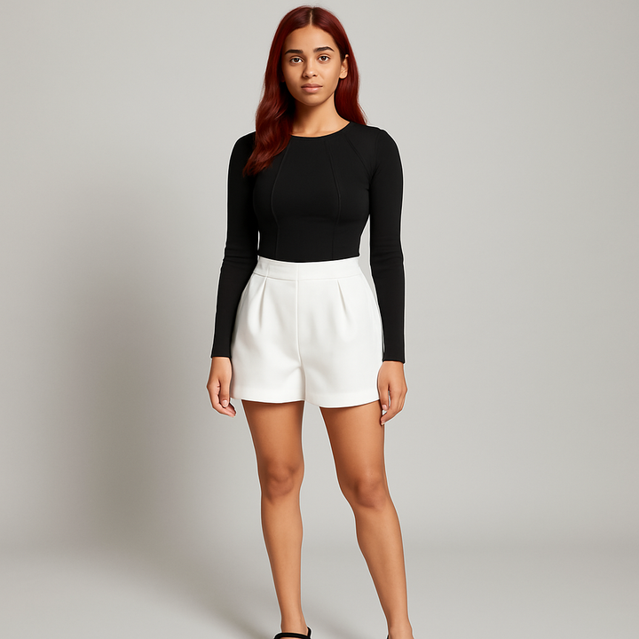Damen Langarm Rippenbluse | Nahtdetail Design