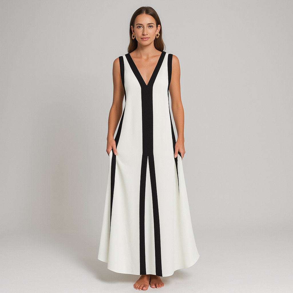 Damen Ärmelloses Maxikleid | Kontrast V-Ausschnitt