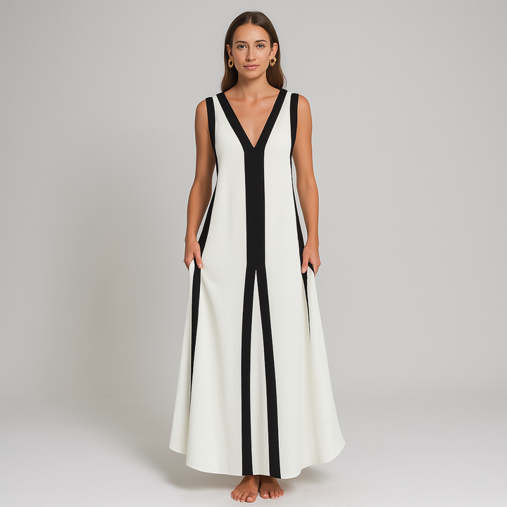 Damen Ärmelloses Maxikleid | Kontrast V-Ausschnitt