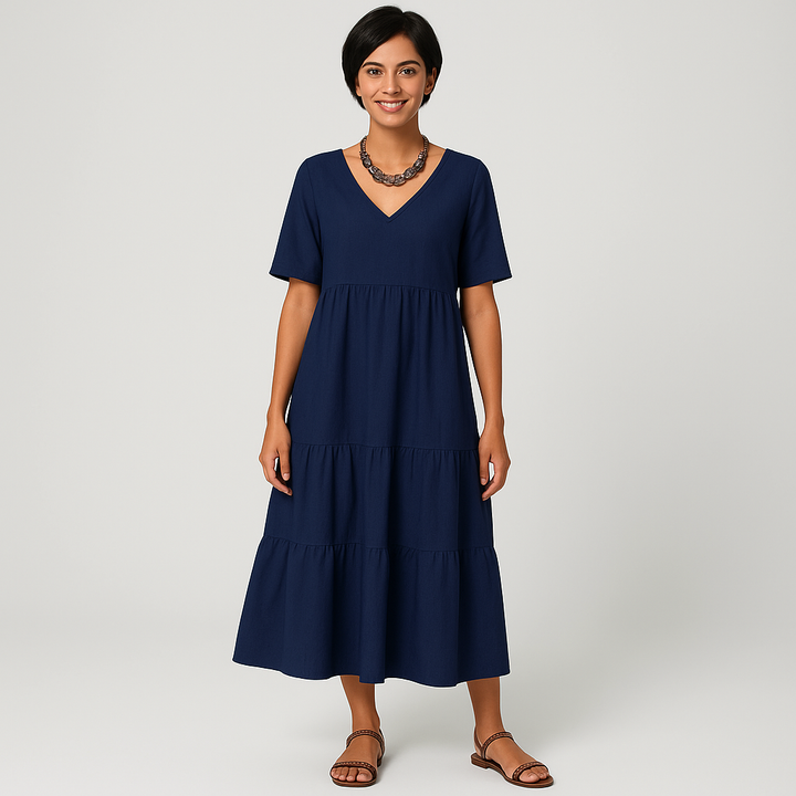 Damen Lockeres Midikleid | Kurzarm V-Ausschnitt