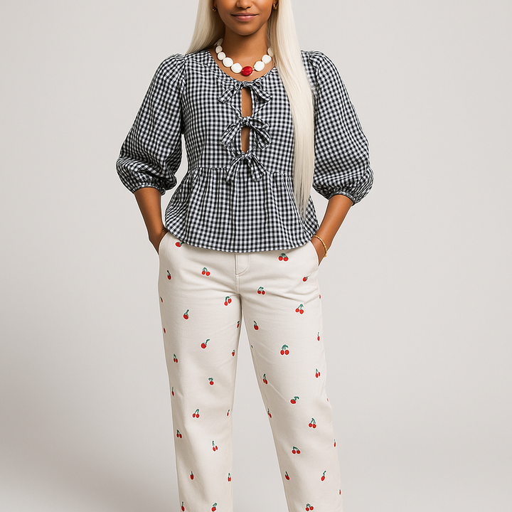 Damen Bluse mit Puffärmeln | Bindeband Detail