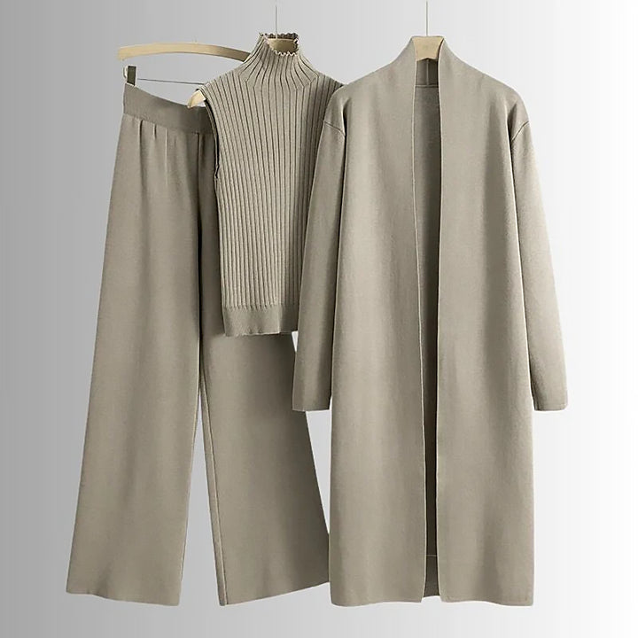 Damen 3 Teiliges Strickset Cardigan Top Hose | Komfort Lounge Set