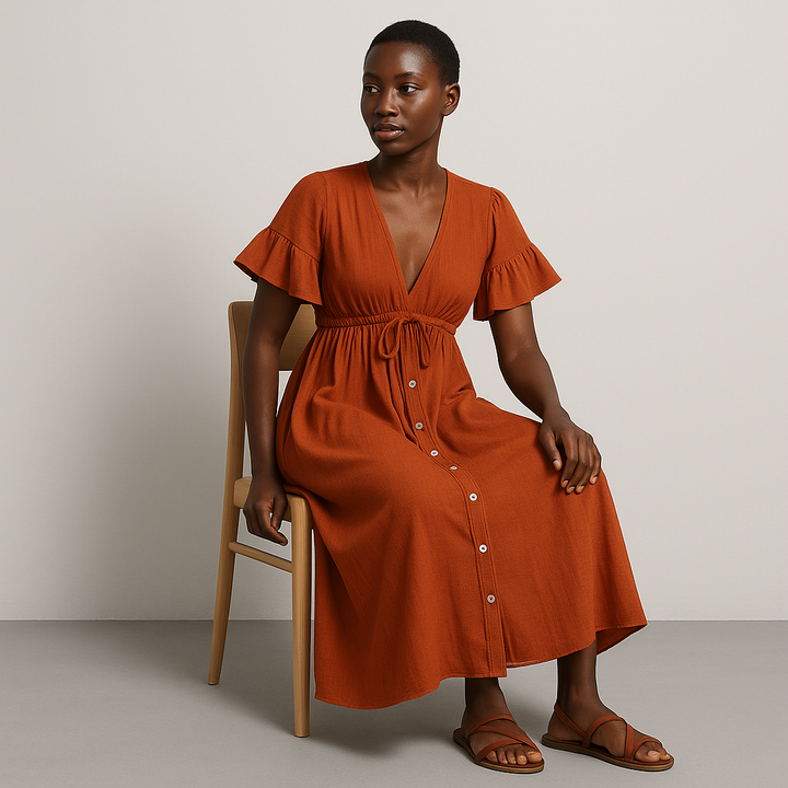 Damen Tailliertes Maxikleid | Knopfleiste Kurzarm