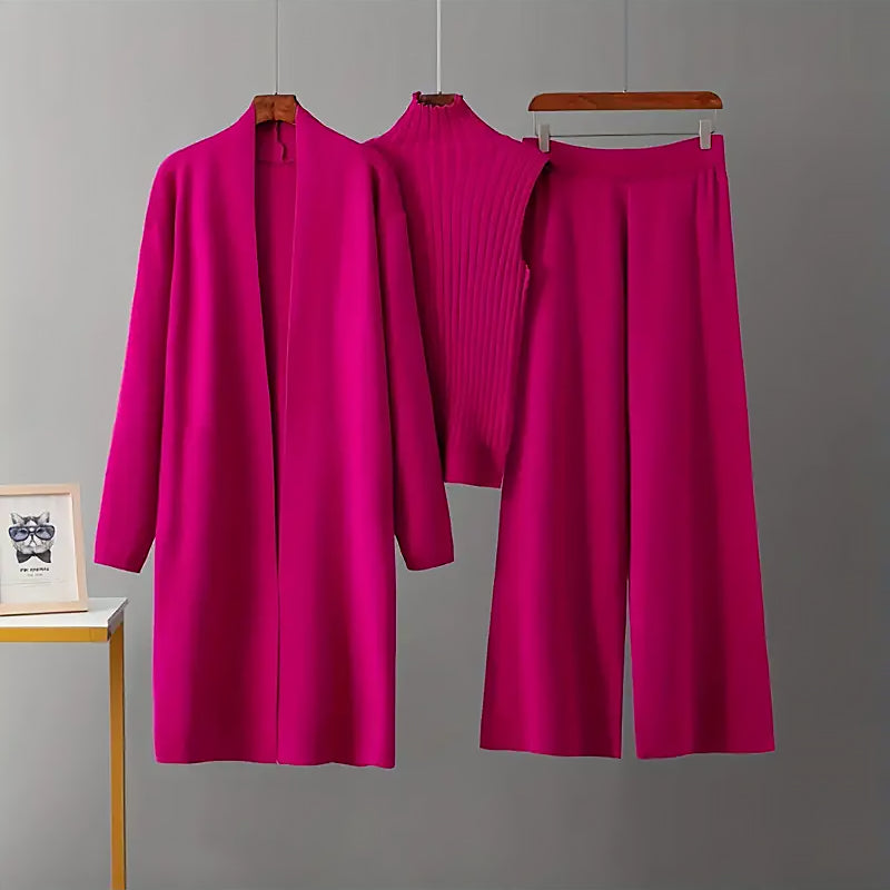 Damen 3 Teiliges Strickset Cardigan Top Hose | Komfort Lounge Set