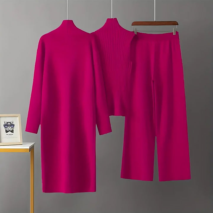 Damen 3 Teiliges Strickset Cardigan Top Hose | Komfort Lounge Set