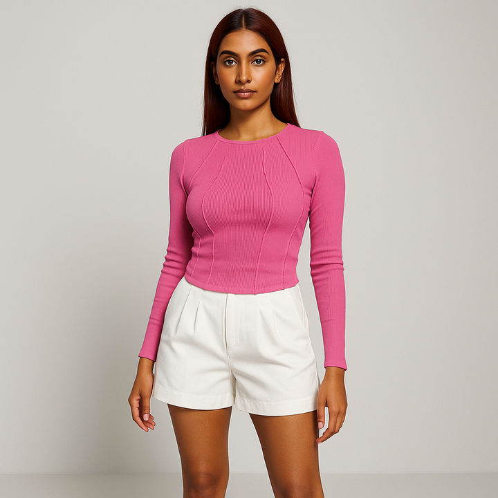 Damen Langarm Rippenbluse | Nahtdetail Design