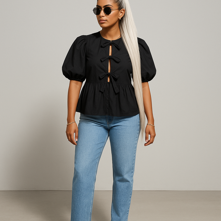 Damen Bluse mit Puffärmeln | Bindeband Detail