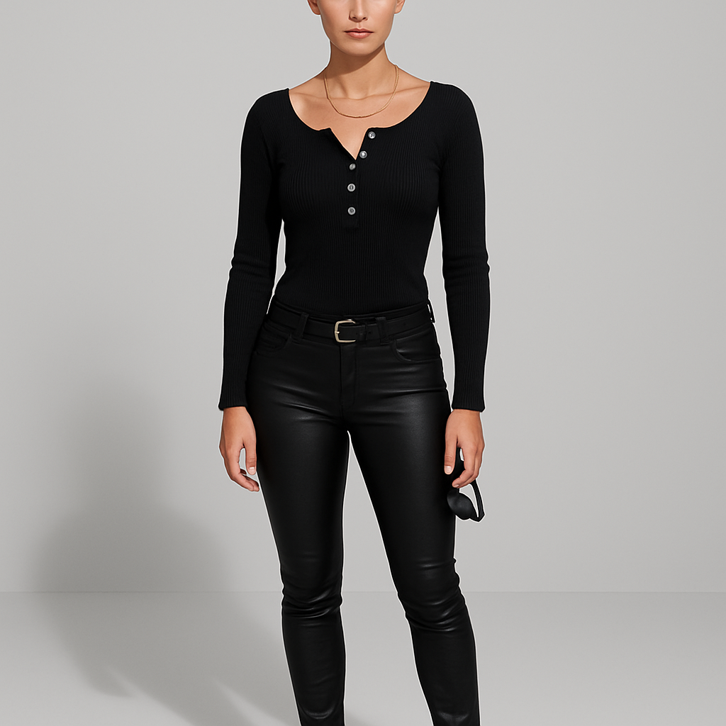 Damen Geripptes Langarmshirt | Knopfleiste