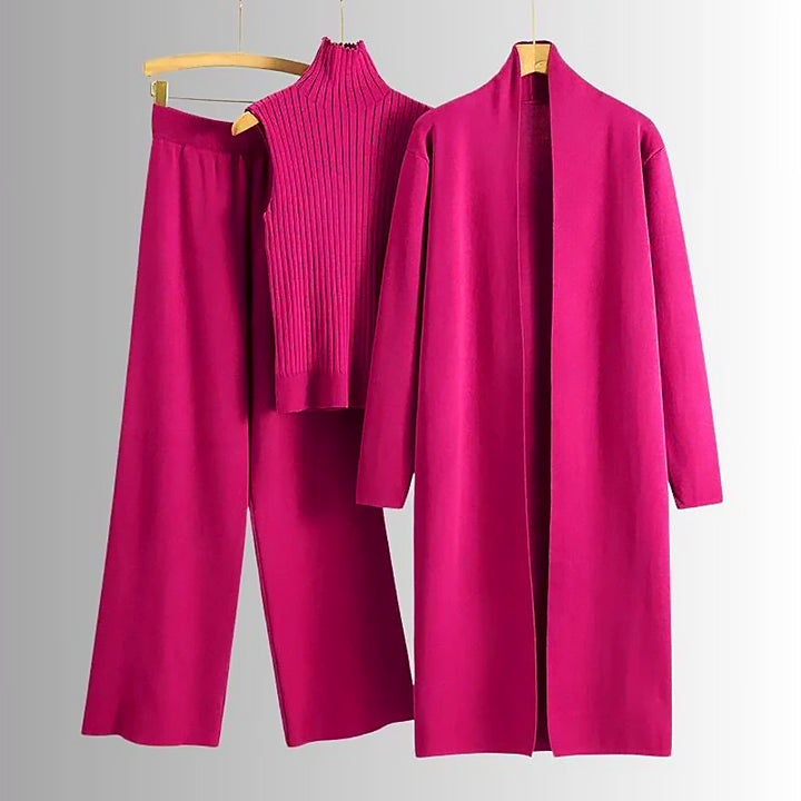 Damen 3 Teiliges Strickset Cardigan Top Hose | Komfort Lounge Set