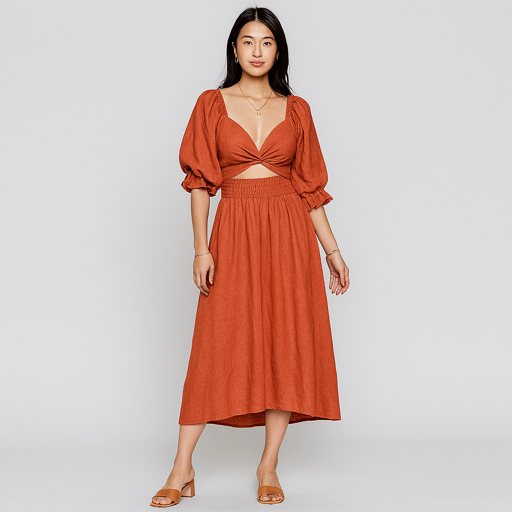 Damen Ausgeschnittenes Midikleid | Langarm Gerafft