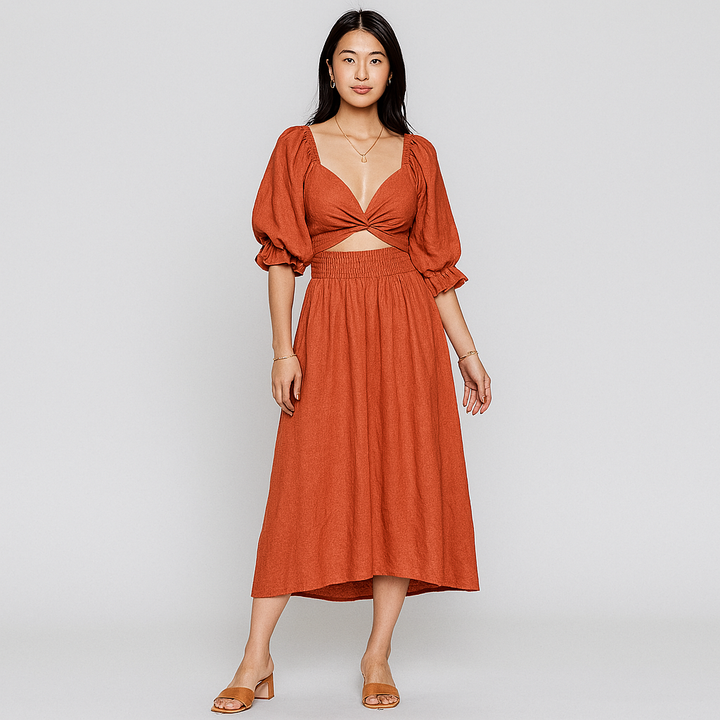 Damen Ausgeschnittenes Midikleid | Langarm Gerafft