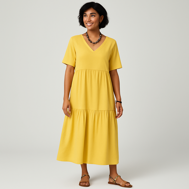 Damen Lockeres Midikleid | Kurzarm V-Ausschnitt