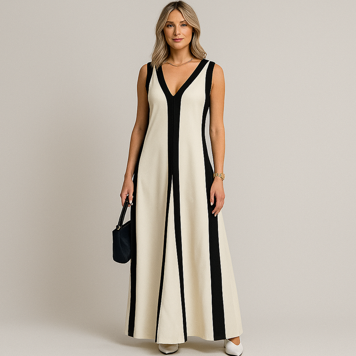 Damen Ärmelloses Maxikleid | Kontrast V-Ausschnitt