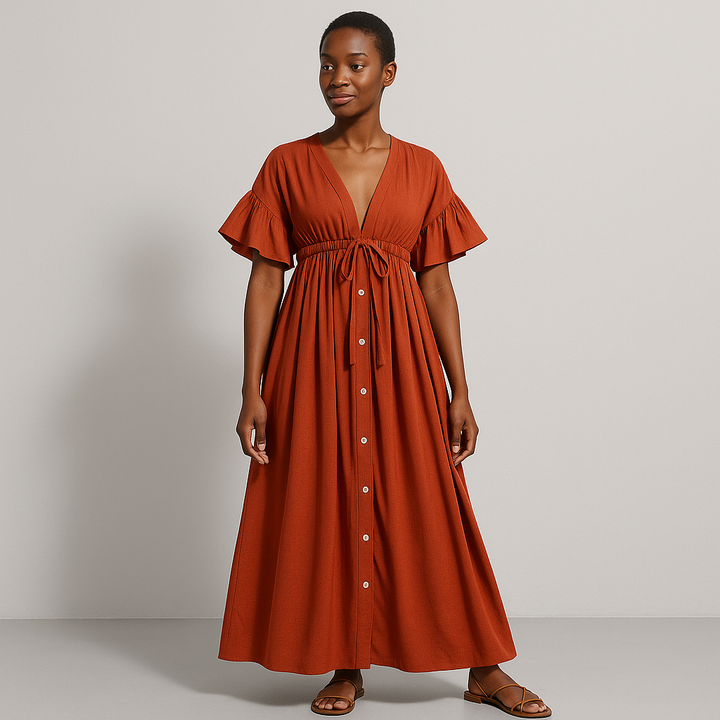 Damen Tailliertes Maxikleid | Knopfleiste Kurzarm