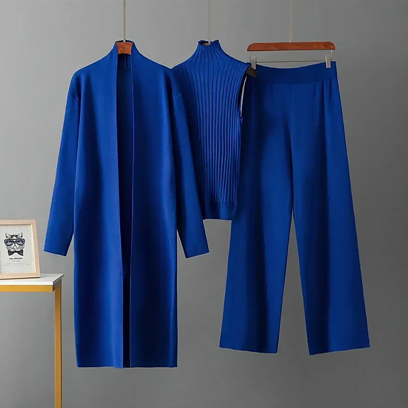 Damen 3 Teiliges Strickset Cardigan Top Hose | Komfort Lounge Set