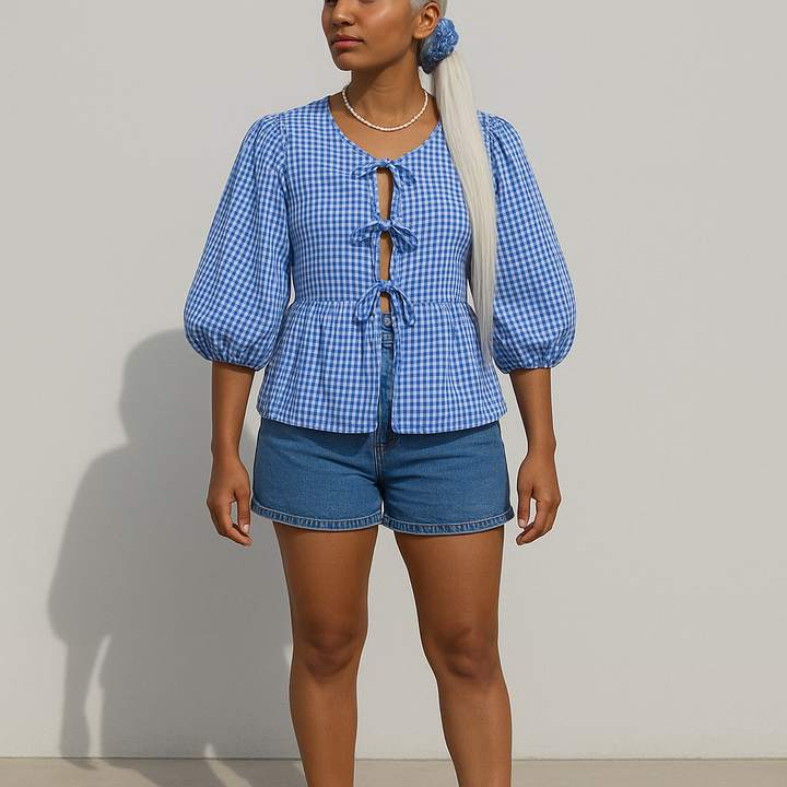 Damen Bluse mit Puffärmeln | Bindeband Detail