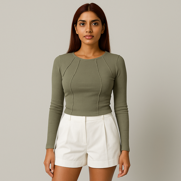 Damen Langarm Rippenbluse | Nahtdetail Design