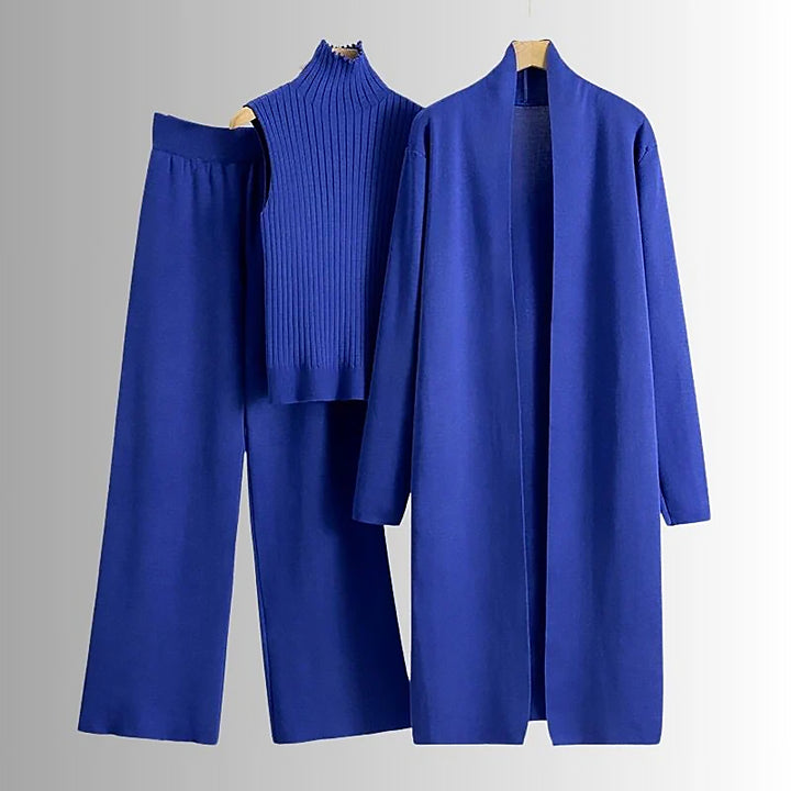 Damen 3 Teiliges Strickset Cardigan Top Hose | Komfort Lounge Set
