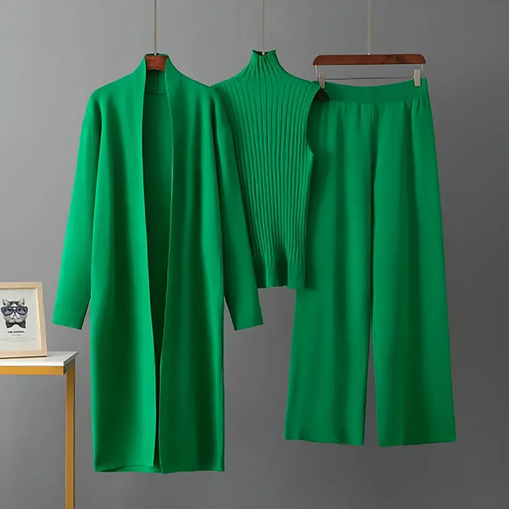 Damen 3 Teiliges Strickset Cardigan Top Hose | Komfort Lounge Set