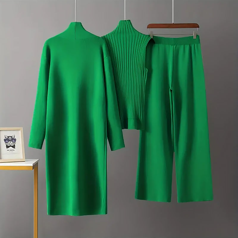 Damen 3 Teiliges Strickset Cardigan Top Hose | Komfort Lounge Set