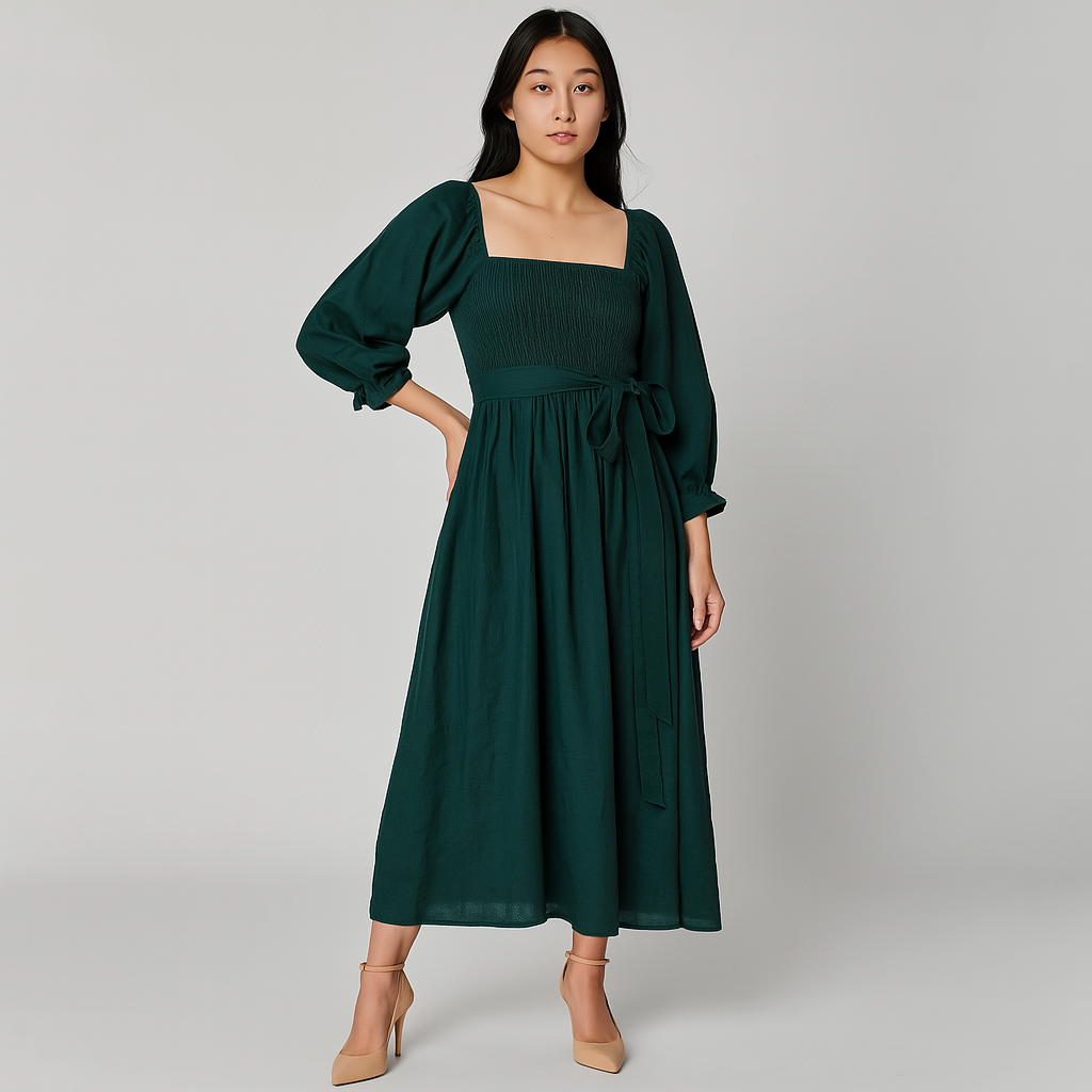 Damen Ausgeschnittenes Midikleid | Langarm Gerafft