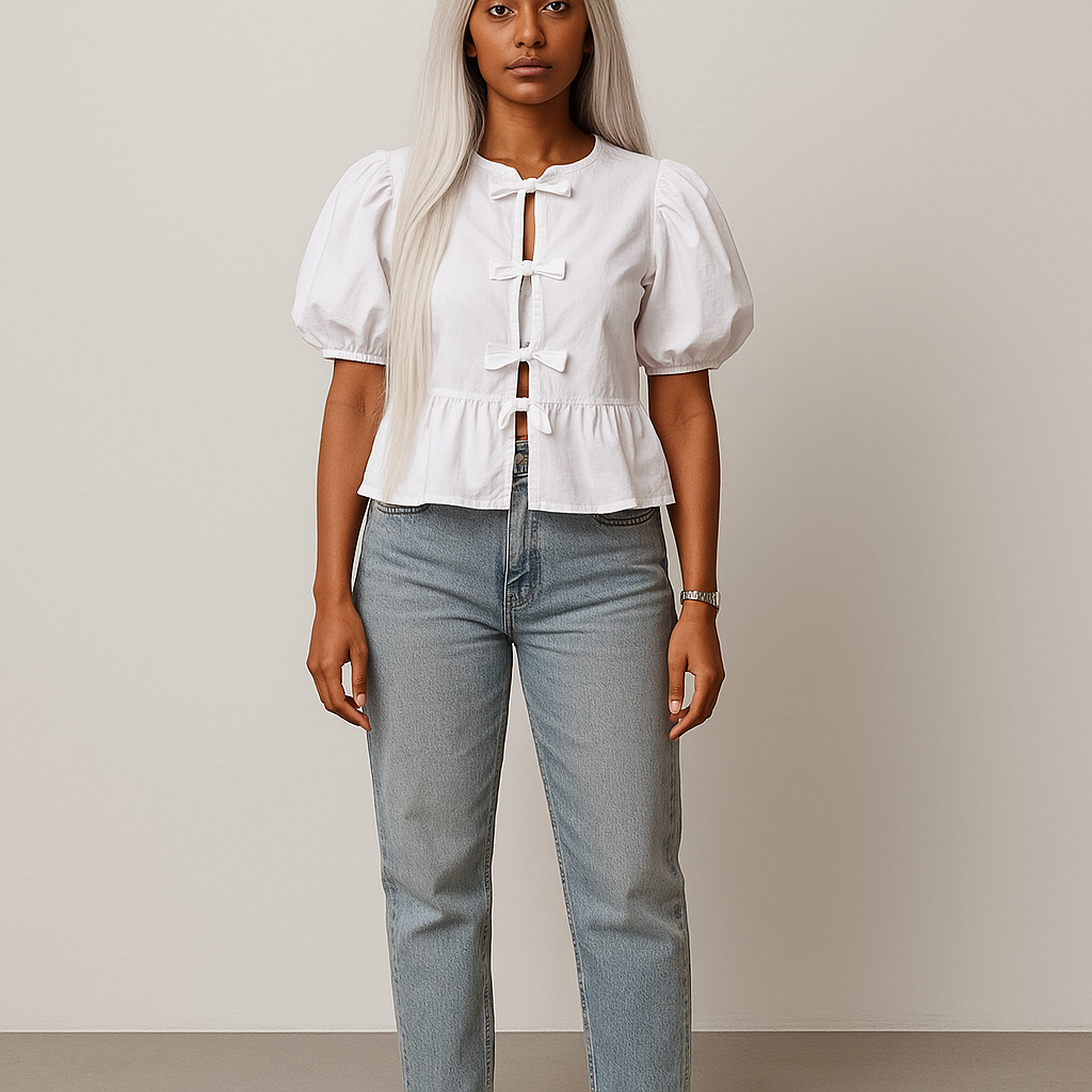Damen Bluse mit Puffärmeln | Bindeband Detail