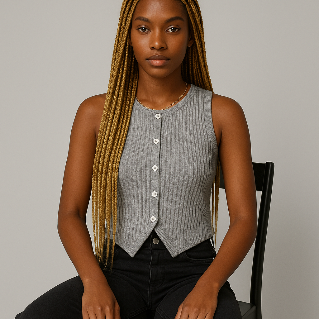Damen Ärmelloses Rippstricktop | Knopfleiste