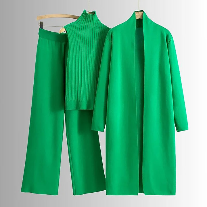 Damen 3 Teiliges Strickset Cardigan Top Hose | Komfort Lounge Set