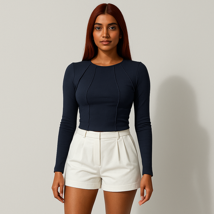 Damen Langarm Rippenbluse | Nahtdetail Design