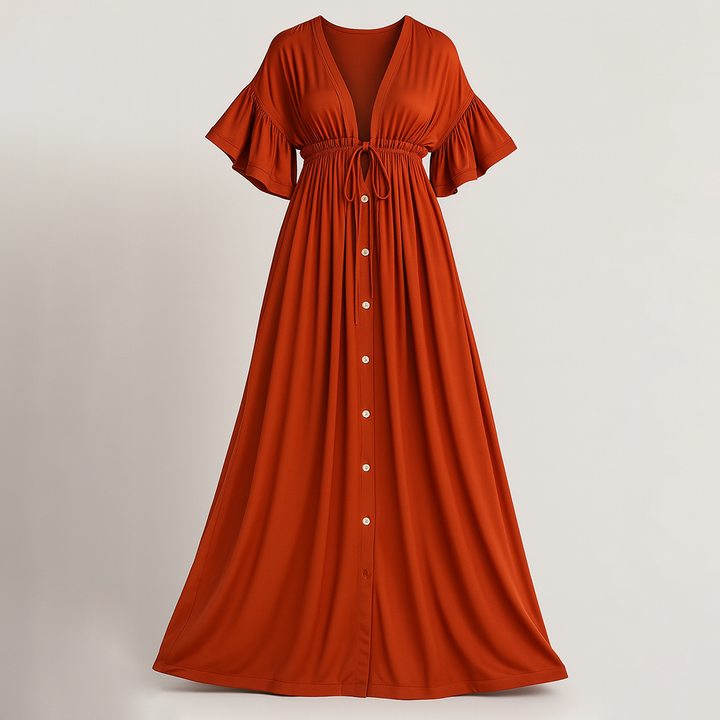 Damen Tailliertes Maxikleid | Knopfleiste Kurzarm