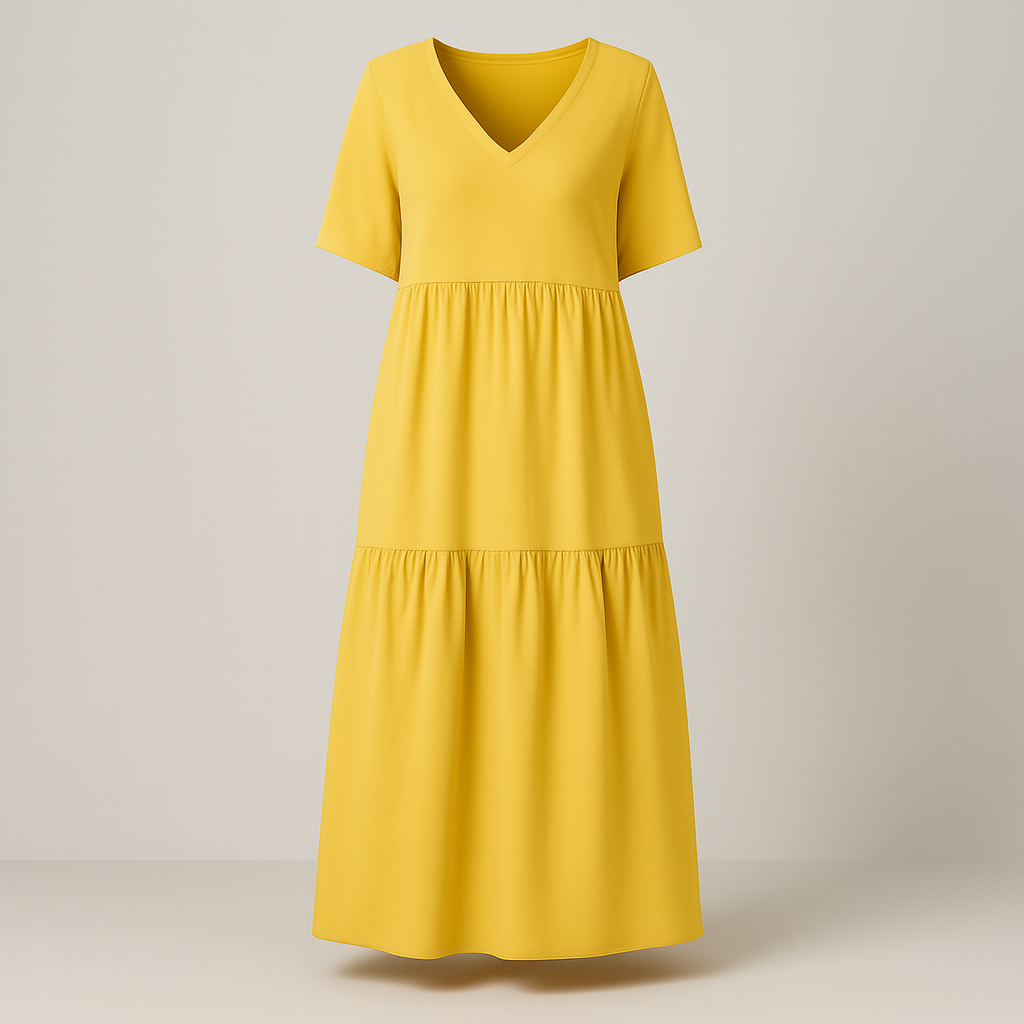 Damen Lockeres Midikleid | Kurzarm V-Ausschnitt