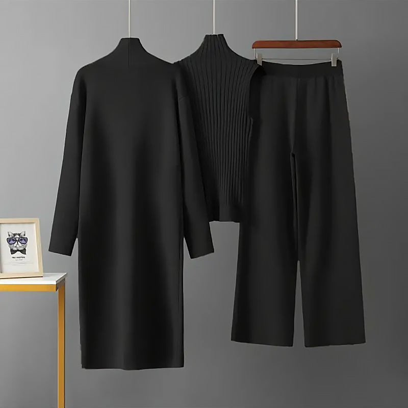 Damen 3 Teiliges Strickset Cardigan Top Hose | Komfort Lounge Set