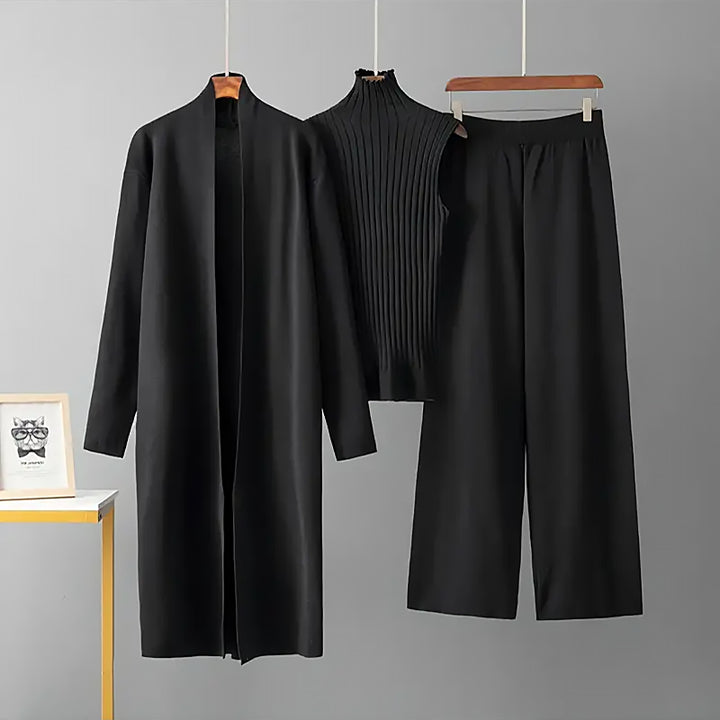 Damen 3 Teiliges Strickset Cardigan Top Hose | Komfort Lounge Set