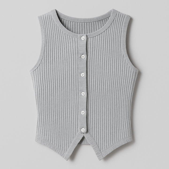 Damen Ärmelloses Rippstricktop | Knopfleiste