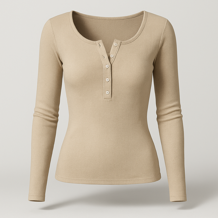 Damen Geripptes Langarmshirt | Knopfleiste