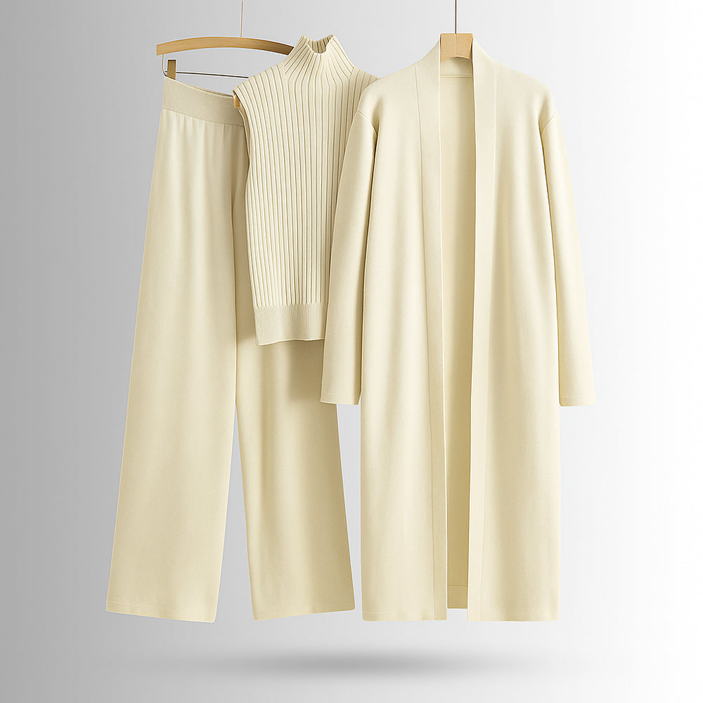Damen 3 Teiliges Strickset Cardigan Top Hose | Komfort Lounge Set-Lookberg